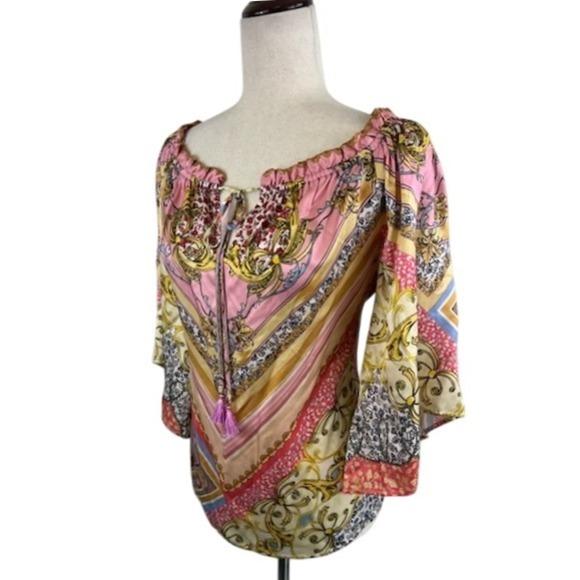 Hale Bob Los Angeles Pink Patterned Blouse Bell Sleeve Boho Top Size Medium - Picture 1 of 5
